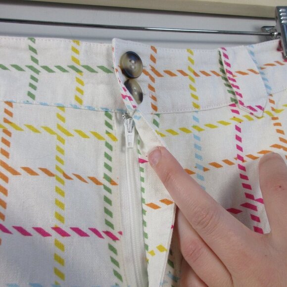 Modcloth Women's Wide Leg Pants 8 Ivory Linen Viscose Rainbow Plaid Preppy 306 - Picture 6 of 11